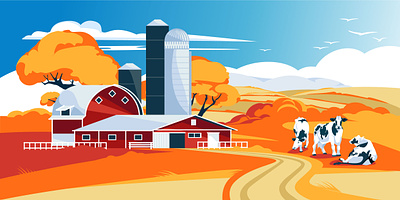 Autumn farm agriculture animals autumn barn building cow domestic fall farm field flat house illustration landscape meadow nature red rustic tradition vector