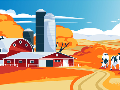 Autumn farm agriculture animals autumn barn building cow domestic fall farm field flat house illustration landscape meadow nature red rustic tradition vector