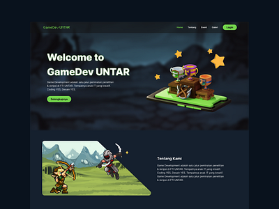 GameDev UNTAR's Landing Page branding dark mode desktop desktop design development game game development gamedev fti untar landing page ui ui design ui inspo ux