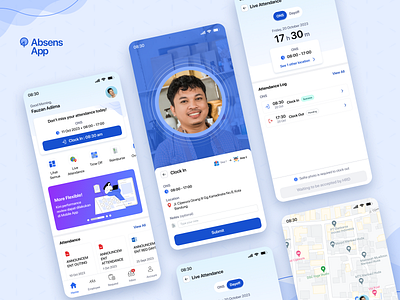 Absens Mobile App absence attendance clock in clock out employee home map mobile app mockup nav navbar photo scan time ui ui design