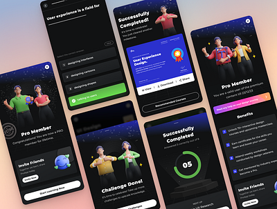 Dark Theme Mobile UI For Design Learning Edtech App design design learning edtech learning mobile mobile app visual design