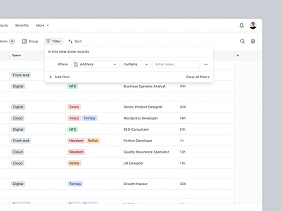 NFS - Filter Component component dashboard data dropdown filter modal saas sort sorting spreadsheets table tool