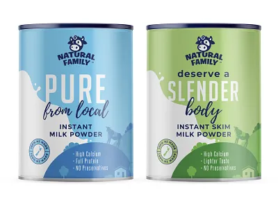 llustrative labels for milk powder - adult flavors blue can character cow drawing flat art goat gold graphic design green illustration landscape milk organic powder village