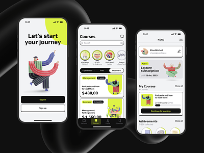 study.sphere – Mobile app Design 3d characters black and green courses design education figma interface mobile mobile app praktika praktika school study ui ux yandex