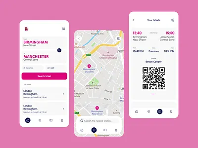 Travel Booking App app booking flat flight map mobile pink plane ticket train travel ui ux