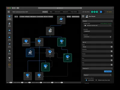Cybersecurity exercise building platform UI builder cyber cybersecurity dark dashboard flowchart iot network networking nodes platform saas security ui