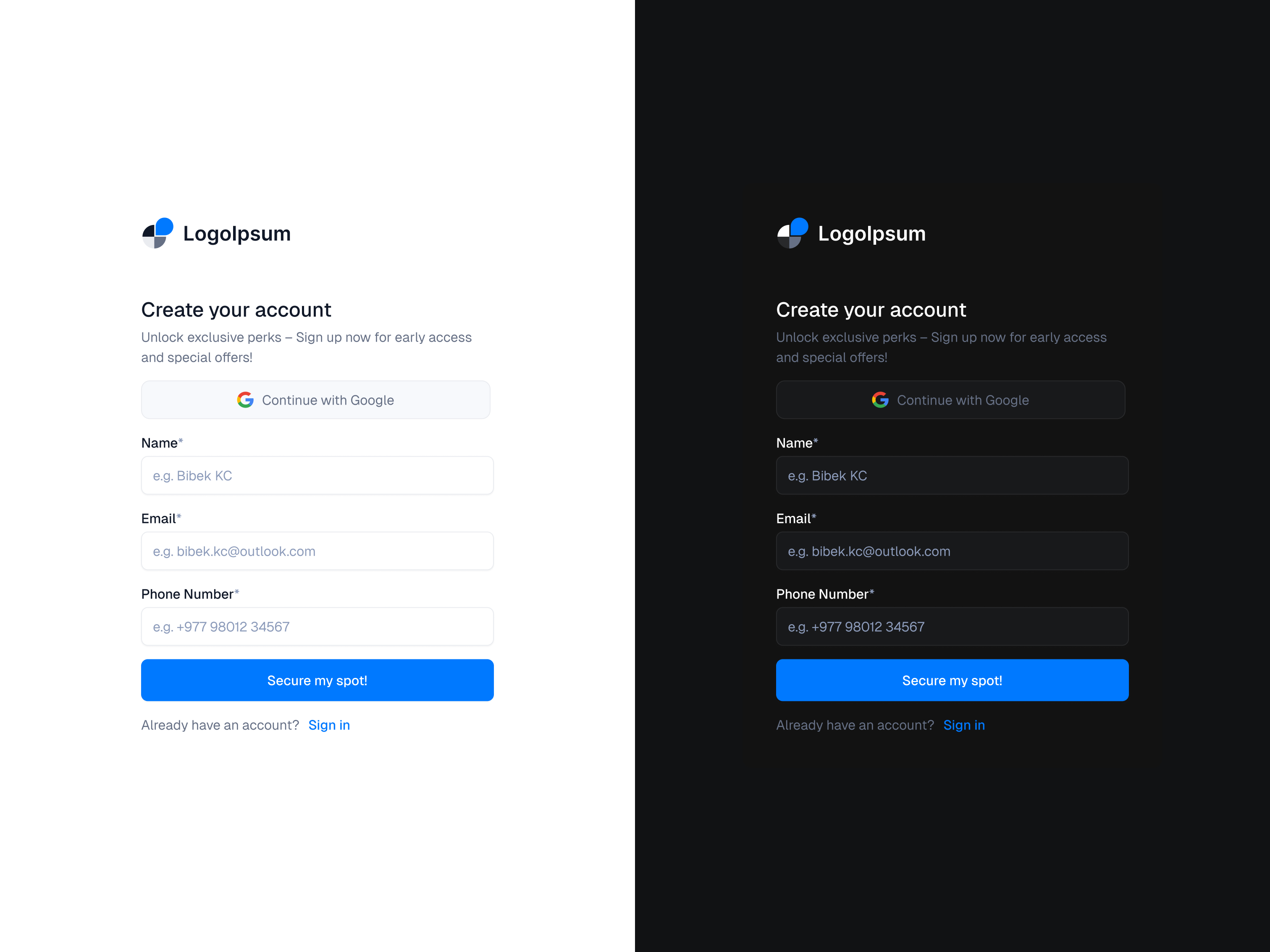 Signup page Light vs Dark blue buttons dark mode dashboard design system form forms light mode product design signup signup page ui