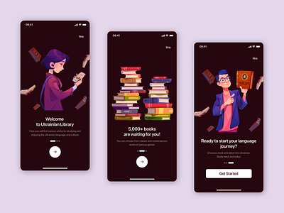 Onboarding for the 'Ukrainian Library' mobile app animation design figma graphic design mobile app onboarding protopie ui ux