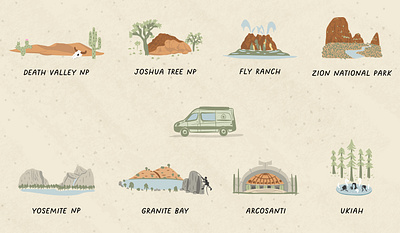 Roadtrip spot illustrations and map arcosanti cartography death valley design designer editorial illustration illustrated map illustration illustrator joshua tree map maps national parks roadtrip spot illustration travel ukiah yosemite zion