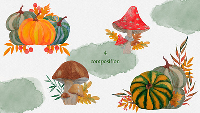 осінні композиції illustration акварель гарбузи гриби листя осінь