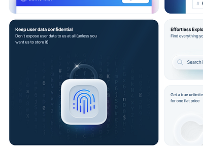 Keep user data confidential 🔒 bento cards confidential dark data details features fingerprint grid keep lock saas ui user web