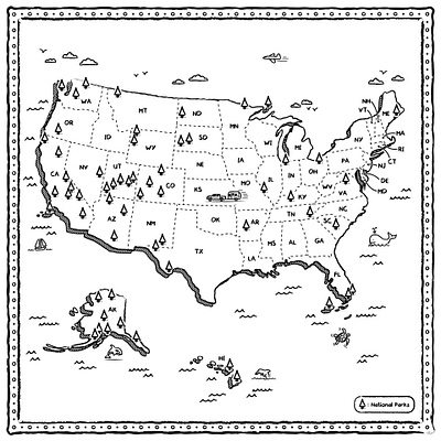 US National parks illustrated map airstream bandana black and white cartography design editorial illustration illustrated map illustration illustrator map map maker maps national parks trailer travel usa