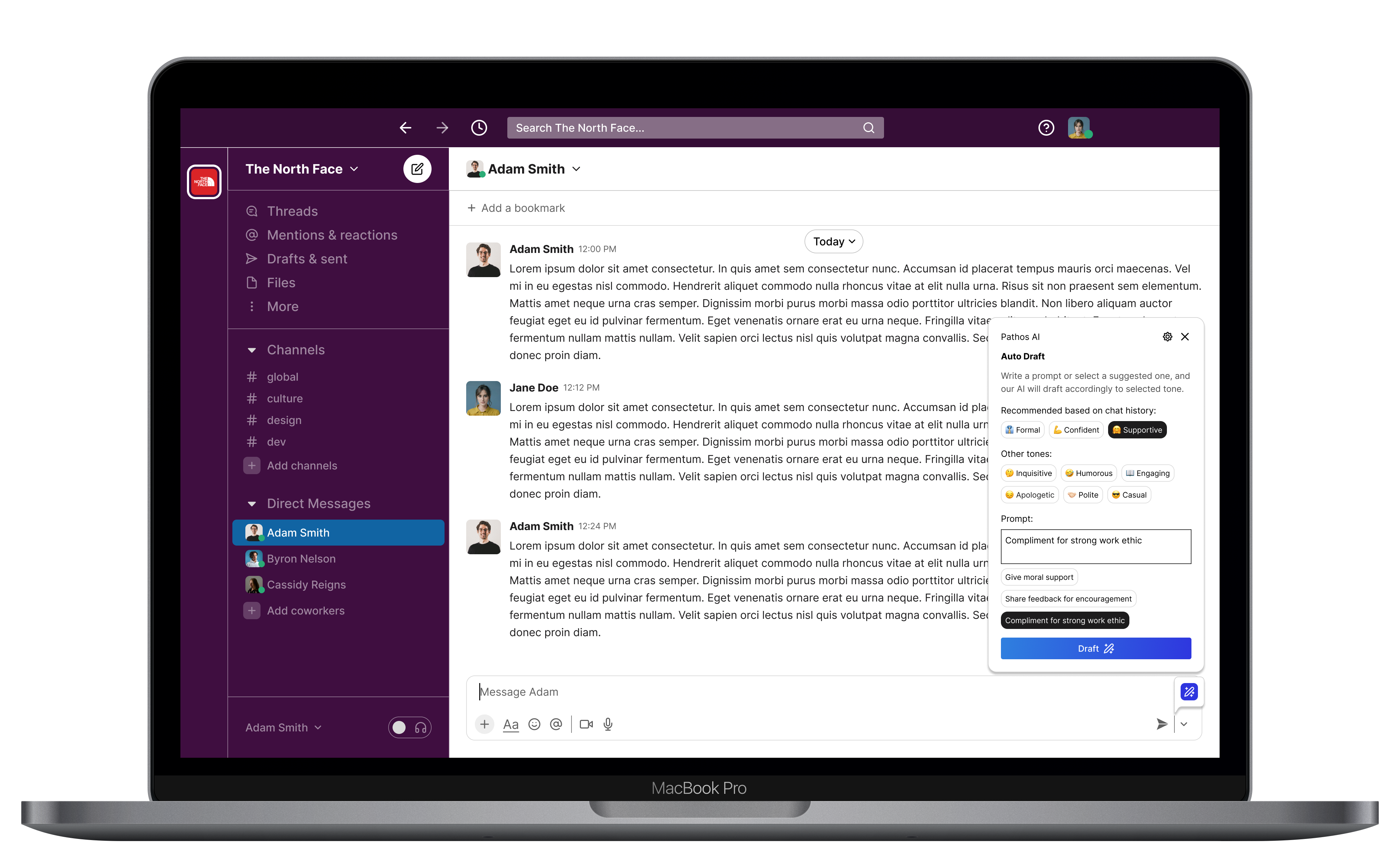 Pathos AI: UX Design ai auto chat collaboration desktop draft empathy figma hackathon high fidelity machine learning message product design remote saas slack team ui visual design work