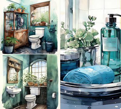 Watercolor illustration of a Bathroom toilet interior artwork