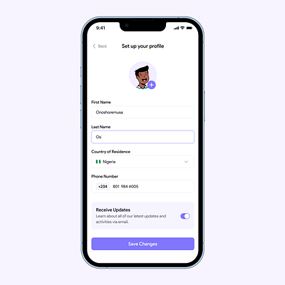 Profile set up app figma mobile pastel profile purple ui settings sign up uiux user experience