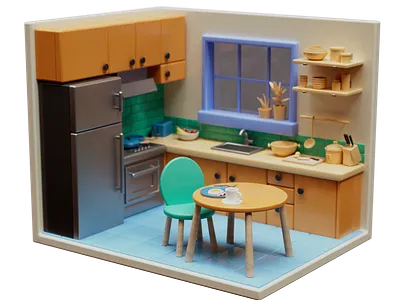 Kitchen WIP (continued) 3d c4d chunky cinema 4d diorama fridge illustration kitchen plants pots redshift render scene sink stove table
