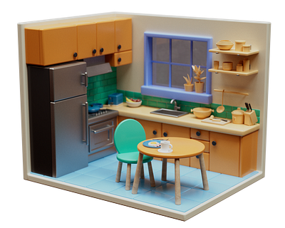 Kitchen WIP (continued) 3d c4d chunky cinema 4d diorama fridge illustration kitchen plants pots redshift render scene sink stove table