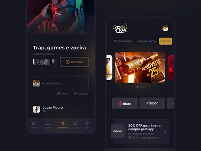 Flow Podcast app community coupons dark mode flow podcast podcast ui ux