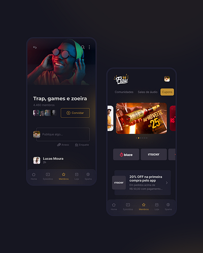 Flow Podcast app community coupons dark mode flow podcast podcast ui ux