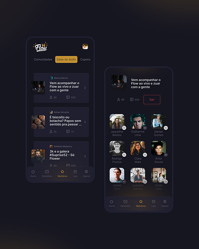 Flow Podcast app app audio audio rooms dark mode flow podcast podcast ui ux