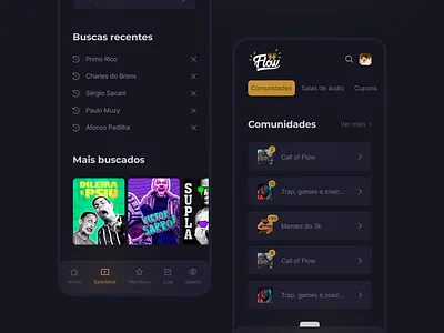 Flow Podcast app community dark mode flow podcast podcast seach streaming ui ux