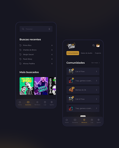 Flow Podcast app community dark mode flow podcast podcast seach streaming ui ux