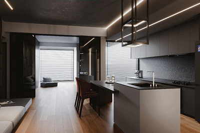 3D Interior renderings of a sleek and stylish black-themed apart