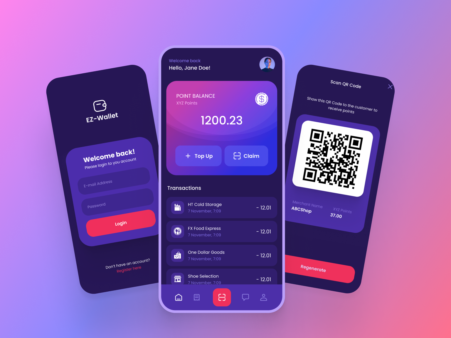EZ-Wallet for Crypto Redeem Point App UI Design [MVP Version] app coin crypto dark design digital fintech gradient mobile money page theme ui ux wallet