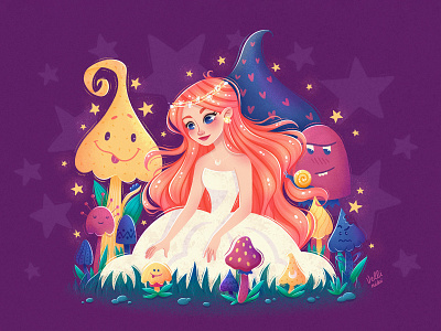 Maiden and her forest friends. Illustration, character art artist cha character concept fairytale forest girl hair illustration maiden mushrooms orange violet woman yellow