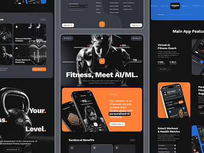 sandow: AI Fitness & Nutrition Website | AI Fitness Companion ai fitness ai fitness assistant ai fitness coach blue bold dark fitness fitness coach fitness data fitness landing page fitness website green landing page minimal sport tech ui kit virtual coach virtual fitness coach web design