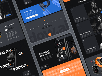 sandow: AI Fitness & Nutrition Website | AI Fitness Coach UIUX ai fitness assistant ai fitness coach blue bold dark diet fitness fitness app fitness coach fitness data fitness landing page fitness trainer fitness ui fitness website landing page minimal orange ui kit virtual fitness web design