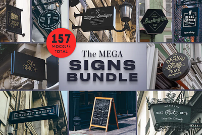 The Mega Signs Bundle brand branding bundle design free mockup graphic design illustration logo mock up mockup presentation promo psd shop sign ui unique