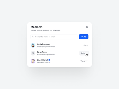✨ Members Modal avatar blue button component dialog input light theme mail members memoji modal notification permission rounded search ui user ux