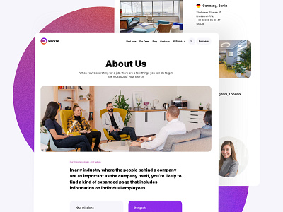 Landing page design created with Workze Framer template about us career framer inspiration job board job desk job search landing nocode page responsive startup template theme ui design web design website