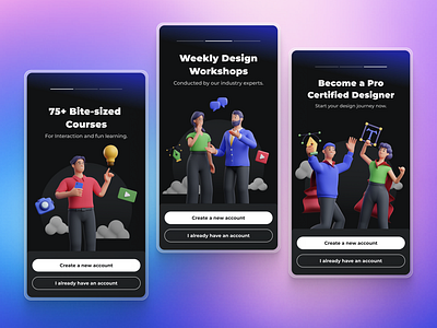 Onboarding Mobile UI for EdTech Platform ProApp 3d illustrations app app ui dark mode dark theme edtech education illustrations learning mobile app mobile ui onboarding