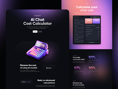 AI Chatbot Cost Calculator - Landing Page 3d ai app black calculator cosmic design futuristic gradient landing open ai rwd space ui ux vibrant web design webflow website