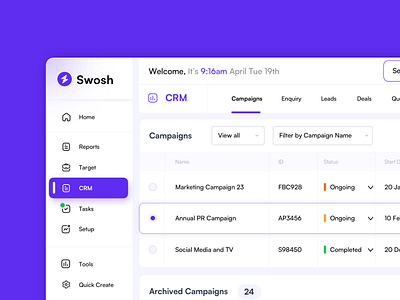 Swosh CRM crm dashboard design hrm interfacedesign software ui uiux ux webdesign
