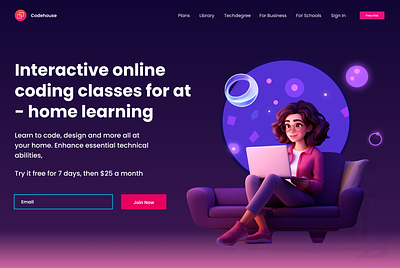 Codehouse learning website ui header design 3d advertisement ai branding coding e commerce e learning ecommerce educational figma graphic design header interactive learning learning learning website skill technology ui ui design website design