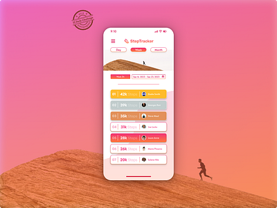 Leaderboard - UX/UI Design dailyui dailyui19 dailyuichallenge figma mobile app peach pink product design responsive sportapp stamp steptracker tracker ui ui design uiux ux ux design uxui uxui design