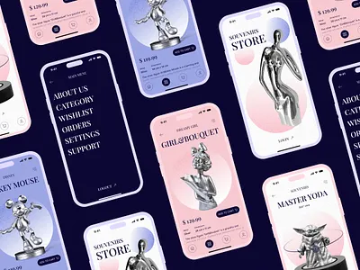 Souvenirs Store Mobile App cartoon character collection ecommerce gift mobile mobile app mobile ui movie present purple rosy shop shopping silver souvenir statuette store