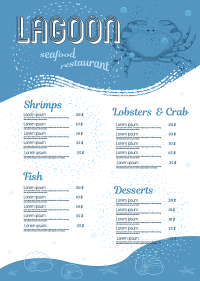 Menu fish restaurant branding crab design fish graphic design illustration menu restaurant sea shell