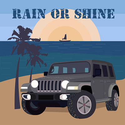 Сar and sea, illustration for clothes boat car flat style for clothes graphic design jeep palm trees rain sea shain sun