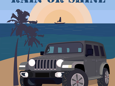 Сar and sea, illustration for clothes boat car flat style for clothes graphic design jeep palm trees rain sea shain sun