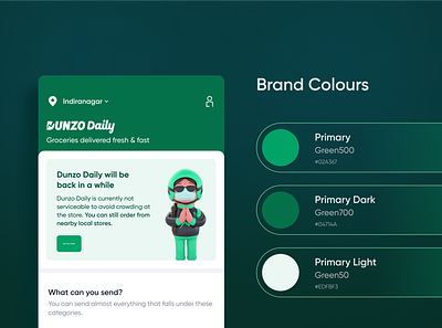 Dunzo | Colour Palette brand colours branding case study delivery app design digital illustration graphic design green palette illustration primary palette for an app ui ux vector
