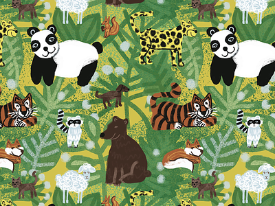 Panda pattern animal bear big cat cheetah digital illustration fox illustration jungle leaves panda pattern plant print surface tiger