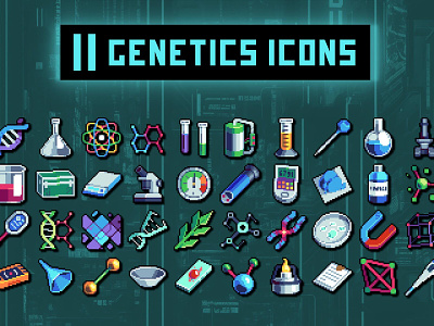 Genetics Pixel Art Icon 32×32 Pack 2d 32x32 art asset assets cyberpunk game game assets gamedev icon icone icons indie indie game items medical medicine pixel pixelart pixelated