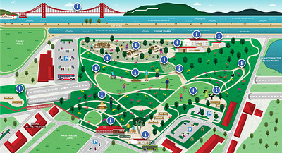 Illustrated map of Presidio Tunnel Tops characters design editorial illustration golden gate illustrated map illustration illustrator map maps par san francisco site plan travel
