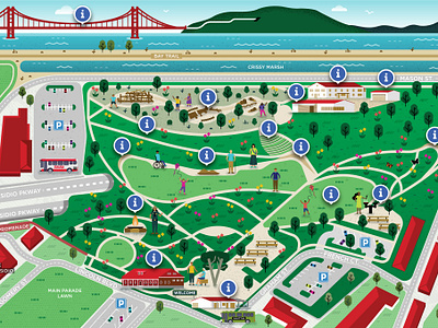 Illustrated map of Presidio Tunnel Tops characters design editorial illustration golden gate illustrated map illustration illustrator map maps par san francisco site plan travel