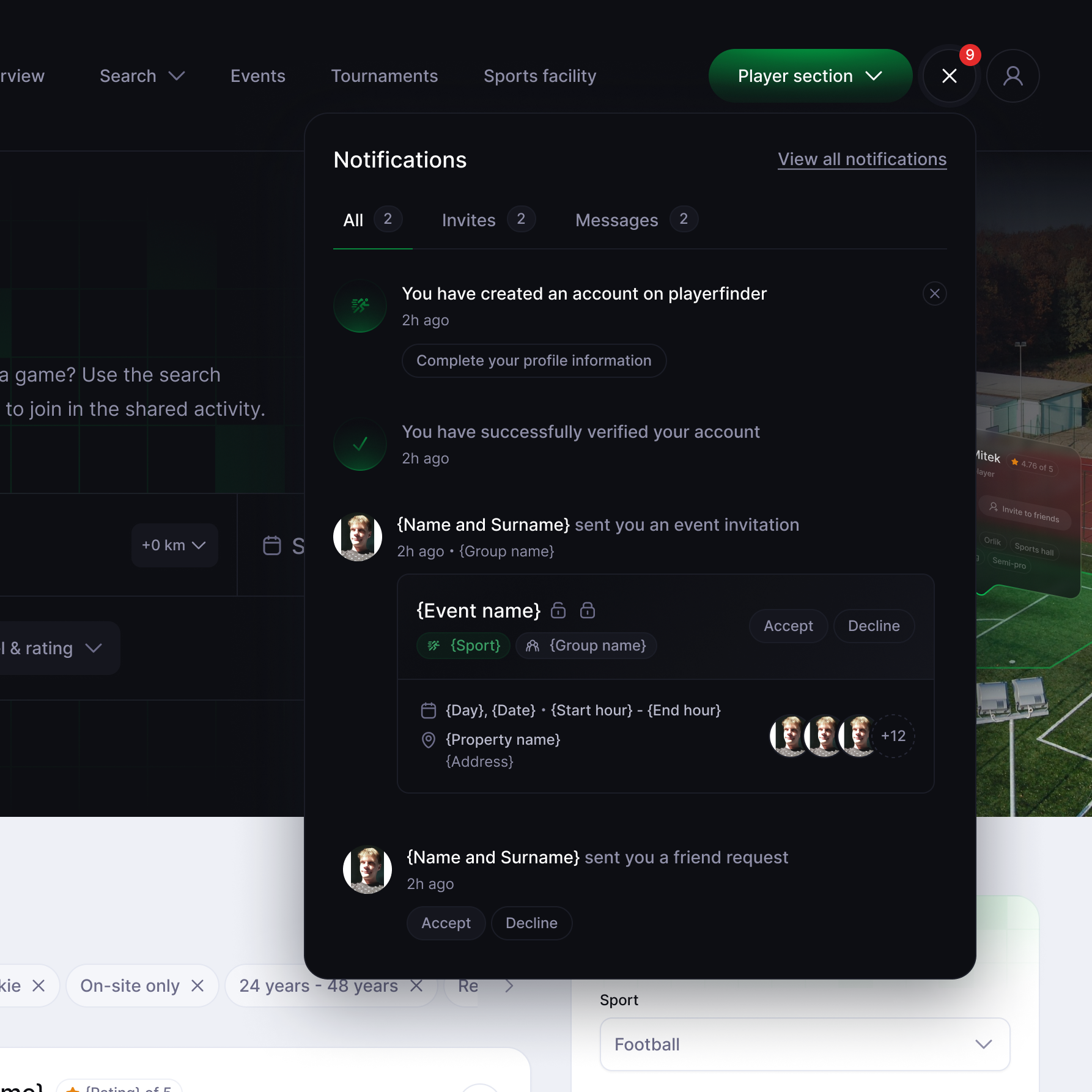 Notification・playerfinder admin attachment card dashboard design system dropdown finder inbox menu modal navigation notification panel player playerfinder settings sport ui ux