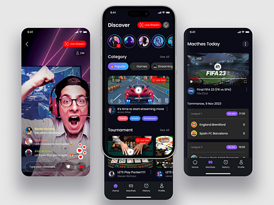 🚀 Streaming App Mobile Design dark mode fifa game design game ui gamer games igaming live app live streaming mobile pocker app stream streaming streaming app tournament ui video games